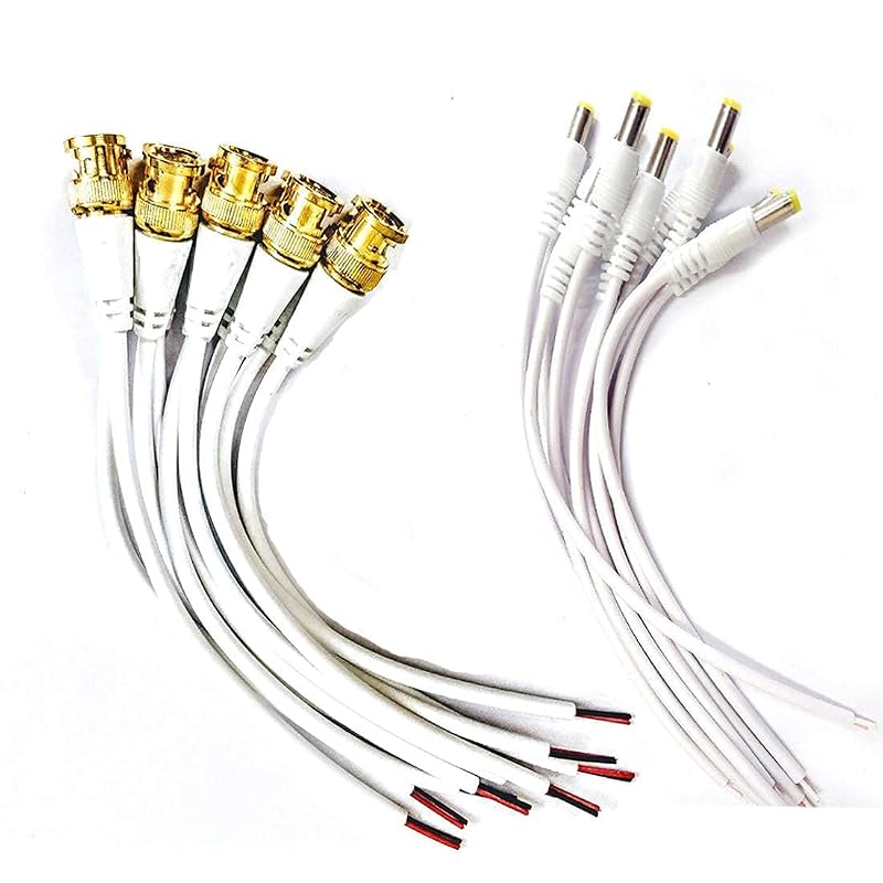 Atevon CCTV BNC & DC Power Cable Combo Kit - 10 BNC Male Connectors with 18CM Copper Wire + 10 2.1mm DC Pigtail Plugs for Surve...
