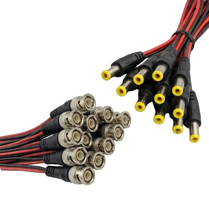 WIRESLAB Combo Pack of 5 BNC Connectors with Copper Wire and 5 DC Power Pigtail Male Cables, 2.5mm Barrel Jack, for CCTV Camera...