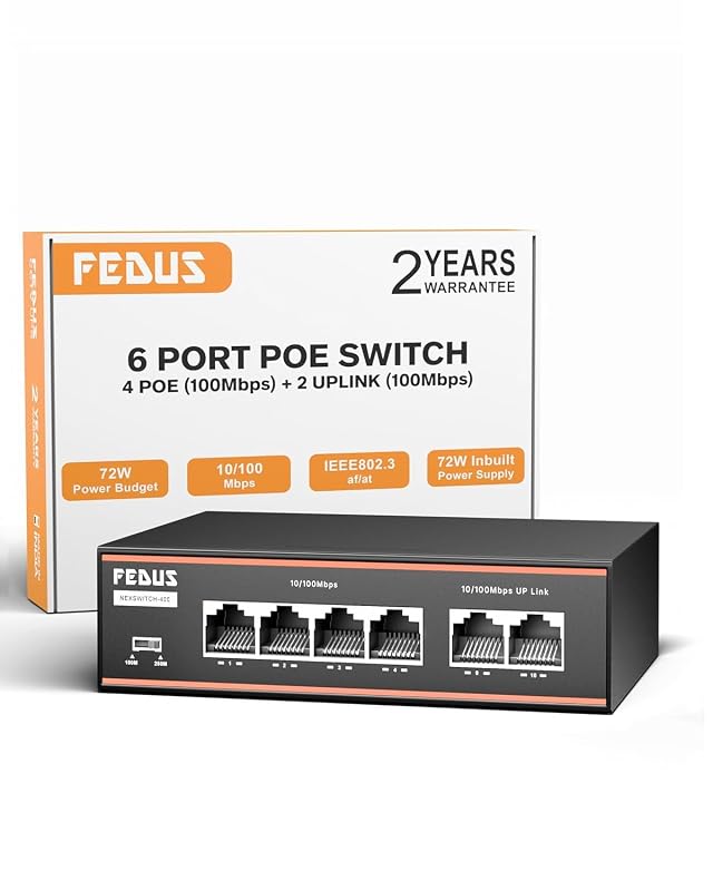 FEDUS NextSwitch-400, 6 Port PoE Switch, 4 PoE Ports (10/100Mbps) + 2 Uplink, 72W Built-in Power Supply, 250m Extend Mode & VLA...
