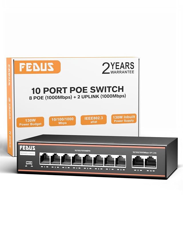 FEDUS NextSwitch-8000FG 10 Port Gigabit PoE Switch (8 PoE+ Ports 1000Mbps, 2 Gigabit Uplink) 130W Built-in Power, IEEE 802.3af/...