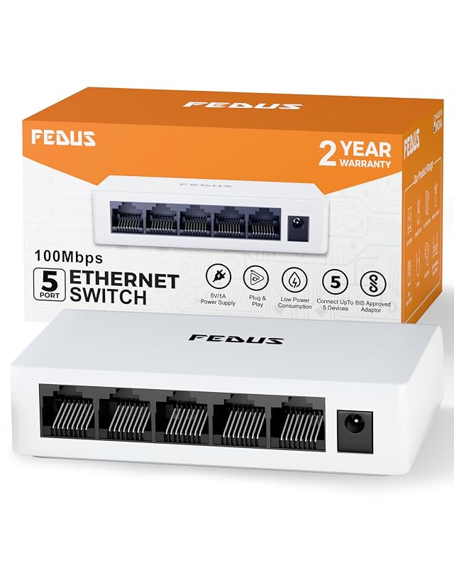 FEDUS NEXTPORT-500, 5-Port Fast Ethernet Switch 10/100Mbps, Network Splitter Hub for Desktop & SOHO, Unmanaged Plug & Play RJ45...