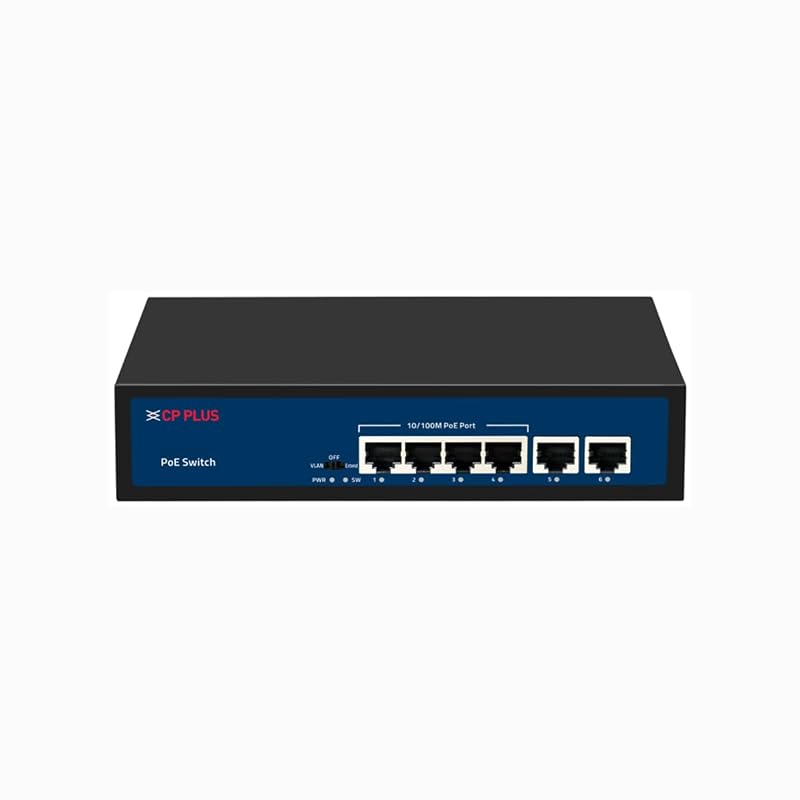 CP Plus 6 Ports Fast Ethernet with 4 PoE Ports (1000 Mbps) & 2 Uplink Ports (100 Mbps) POE Switch | Max. 30W Output of Single P...