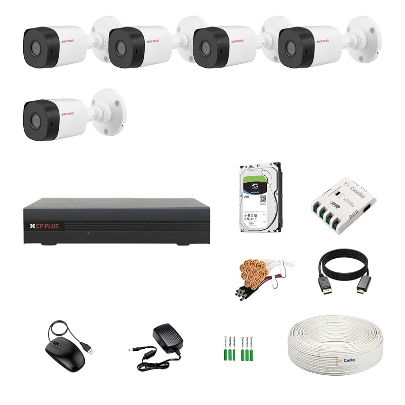 CP Plus 8 Channel DVR with 2.4MP 5 Bullet Cameras (Day/Night Vision) + 2TB HDD + Copper Cable Roll (1+3) + 8 CH Power Supply + ...